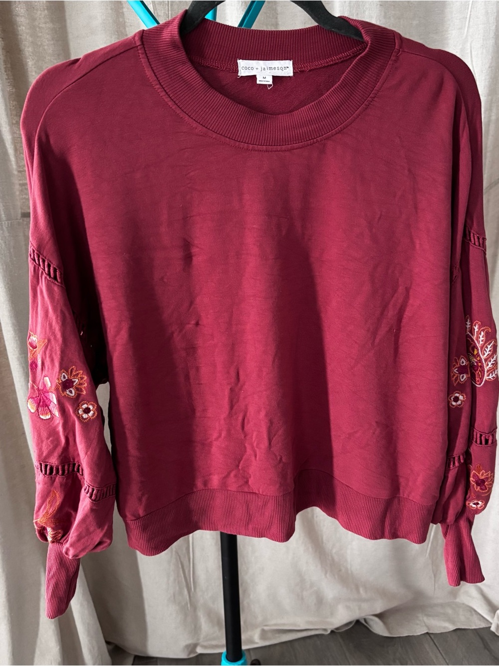 Coco + Jaimeson Burgundy Embroidered Sleeve Sweatshirt